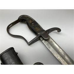 German mounted artillery sabre with 76cm curving fullered steel blade, langet stamped 1920 for Versailles Treaty, steel hilt with stirrup knuckle guard, single quillon, plain backstrap with 'ears' and leather grip, in original steel scabbard with single suspension ring L92cm overall