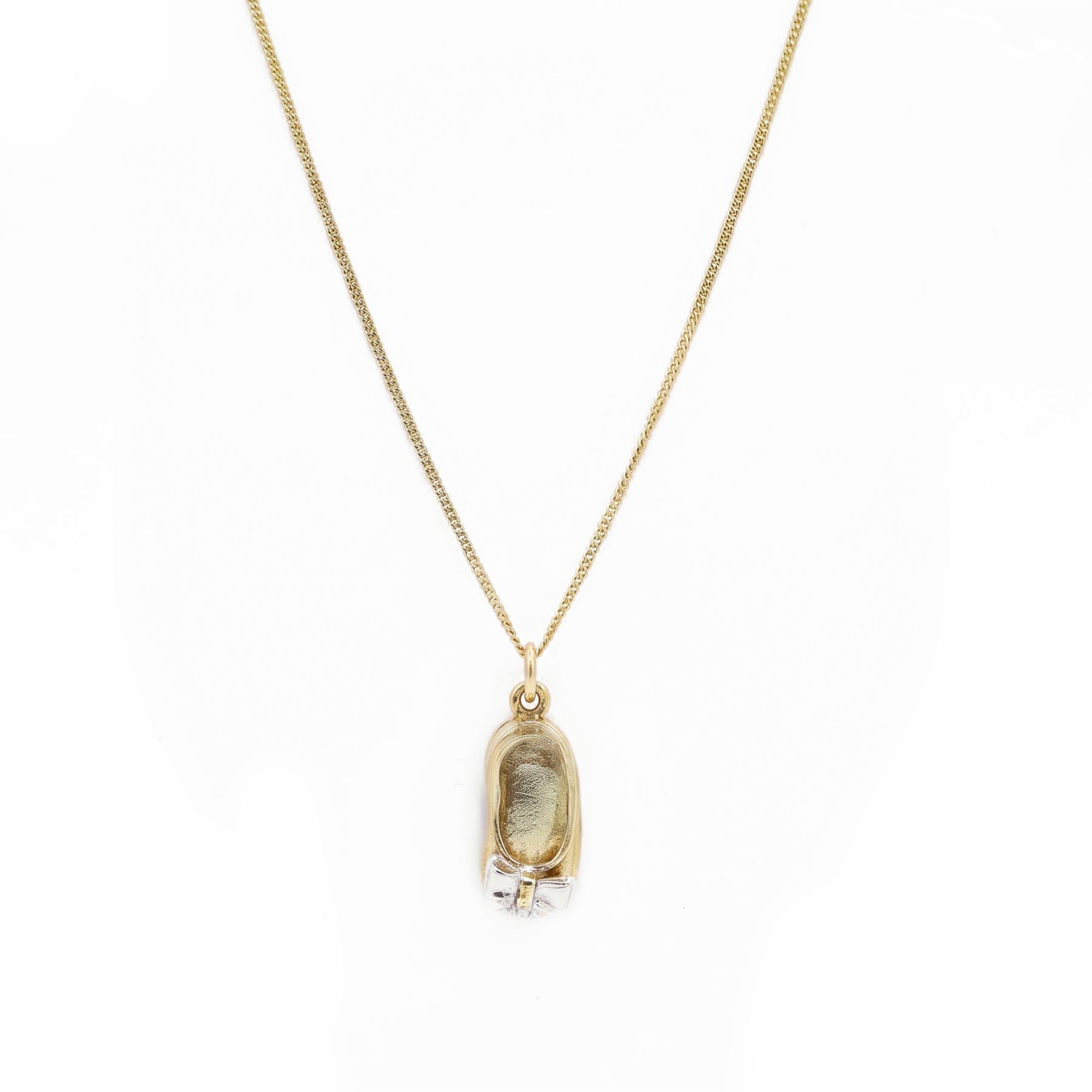 14ct white gold diamond slipper pendant, on 18ct gold fine link chain necklace