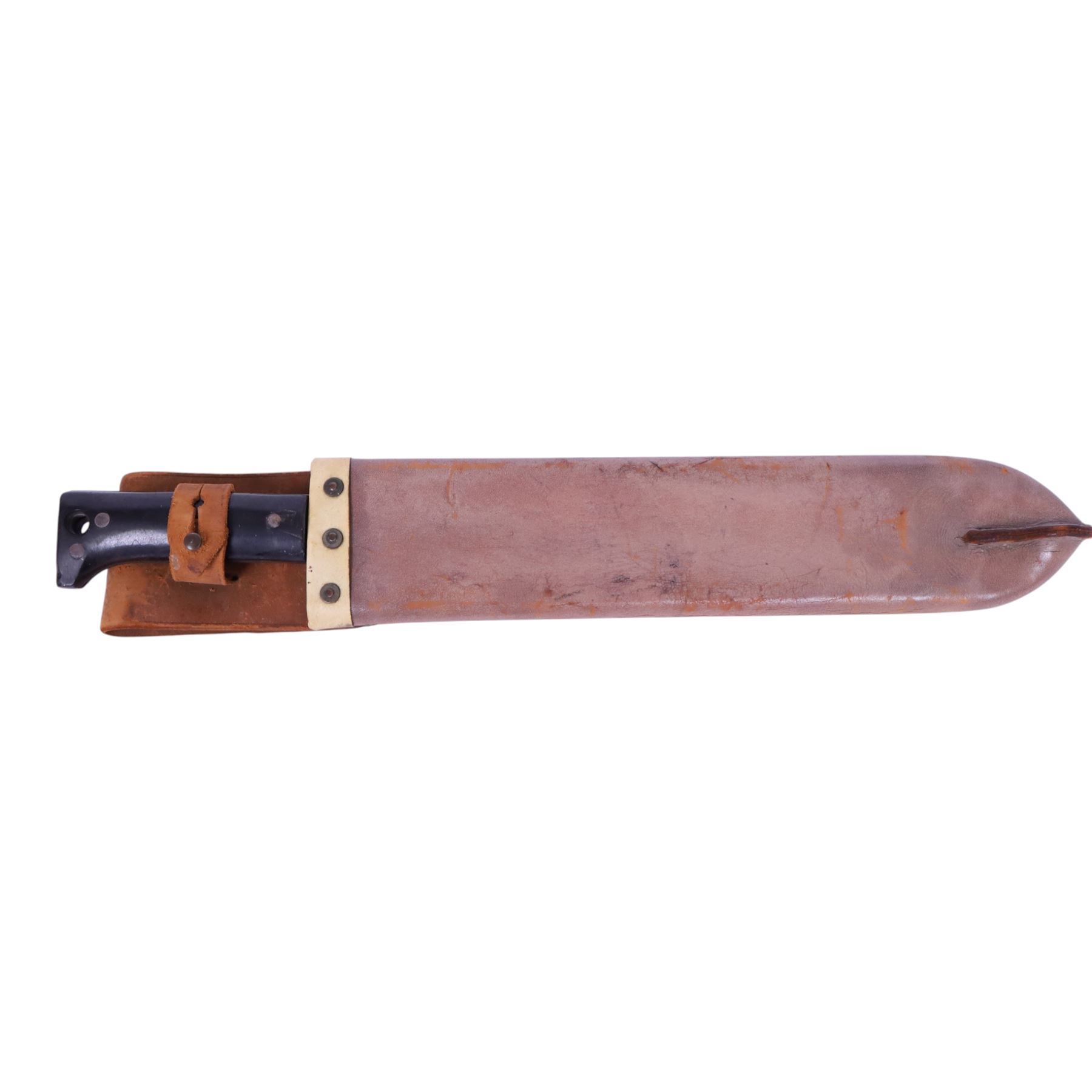WWII US military machete dated 1944, Legitamas Collins & Co, model no.1250, with original leather sheath, overall L58cm