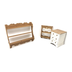  White finish bedside chest, pine top three drawers, shaped plinth base (W46cm, H59cm, D46cm) and two pine bookcases (3)  