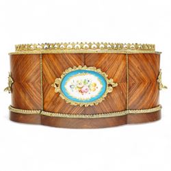 Matched pair of 19th-century French Kingwood and gilt brass mounted table jardinières, quatrefoil-shaped form with original zinc liners, foliate gilt brass mounted pierced gallery above kingwood crossbanded sides and inset serves style porcelain plaque and gilt brass carrying handles on plinth base