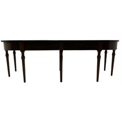 George III mahogany serving table, bow shaped top with banded frieze, raised on turned tapering supports