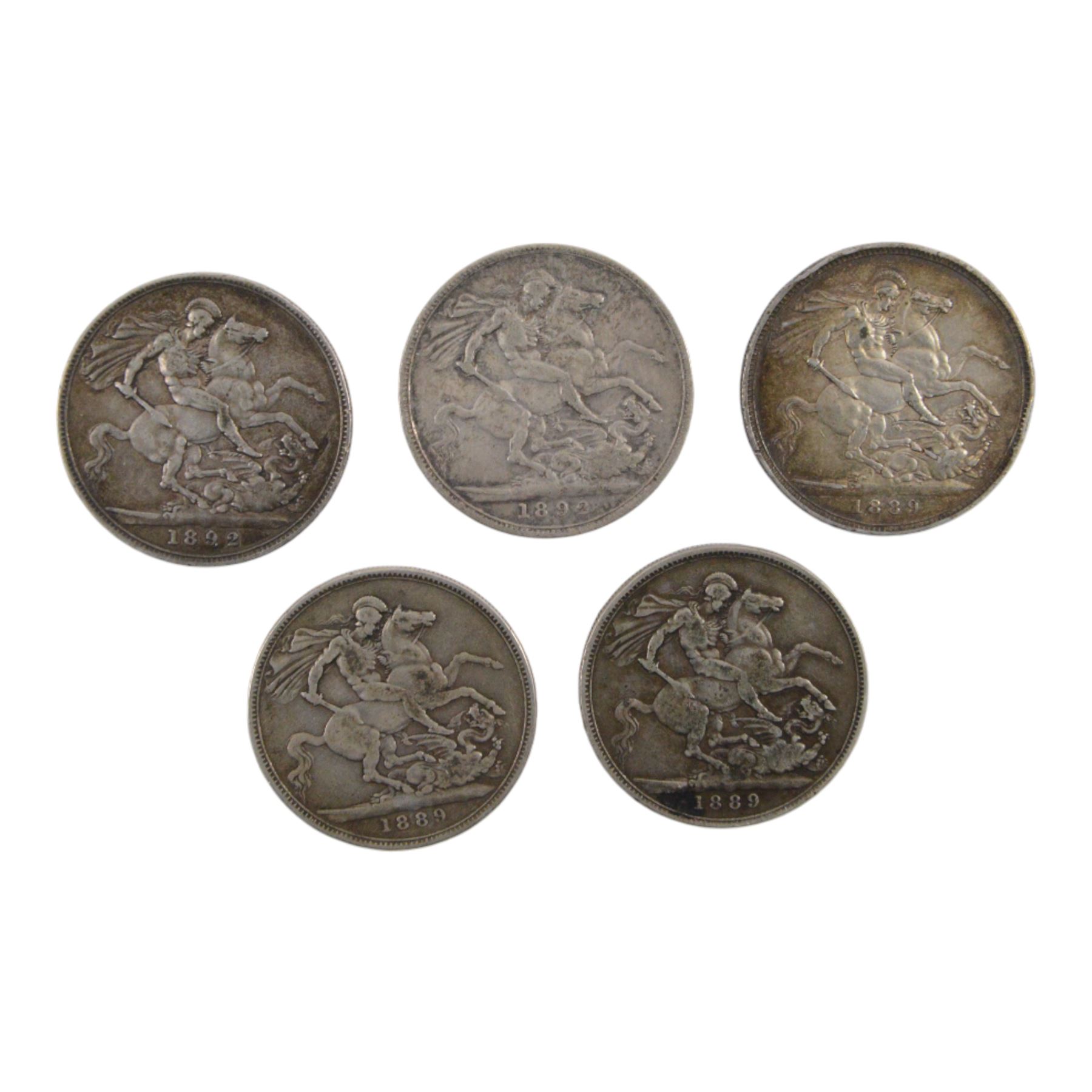 Five Queen Victoria silver one crown coins, 1889 (3) and 1892 (2)