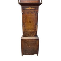 D Hudson of Otley - late 19th century 30 hour oak and mahogany longcase clock, with a swan necked pediment, break arch hood door and ring turned pilasters, inlaid trunk with recessed columns and a short trunk door with inlay and a bone escutcheon, rectangular conforming plinth with a shaped base,  painted dial with geometric spandrels and a depiction of  Britannia to the arch, broad Roman numerals, makers name and calendar dial, dial pinned directly to a chain driven countwheel striking movement, striking the hours on a bell. with pendulum. No weight or movement seat board.
