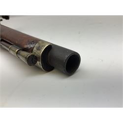 Re-manufactured percussion converted from flintlock single barrel pistol, the 20cm barrel with ramrod under, reused back action lock, brass furniture and hardwood stock L41cm overall