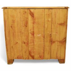 Victorian stripped pine chest, fitted with two short and three long drawers, turned wooden handles, shaped lower apron on bracket feet