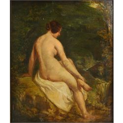 William Etty RA (York 1787-1849): The Bathing Nymph, oil on panel inscribed verso 29cm x 25cm
Provenance: from the collection of Father John O'Connor, a Bradford Roman Catholic priest and the basis for GK Chesterton's detective Father Brown. He was associated with various painters, authors and artists during his time including the likes of Eric Gill and Etty.