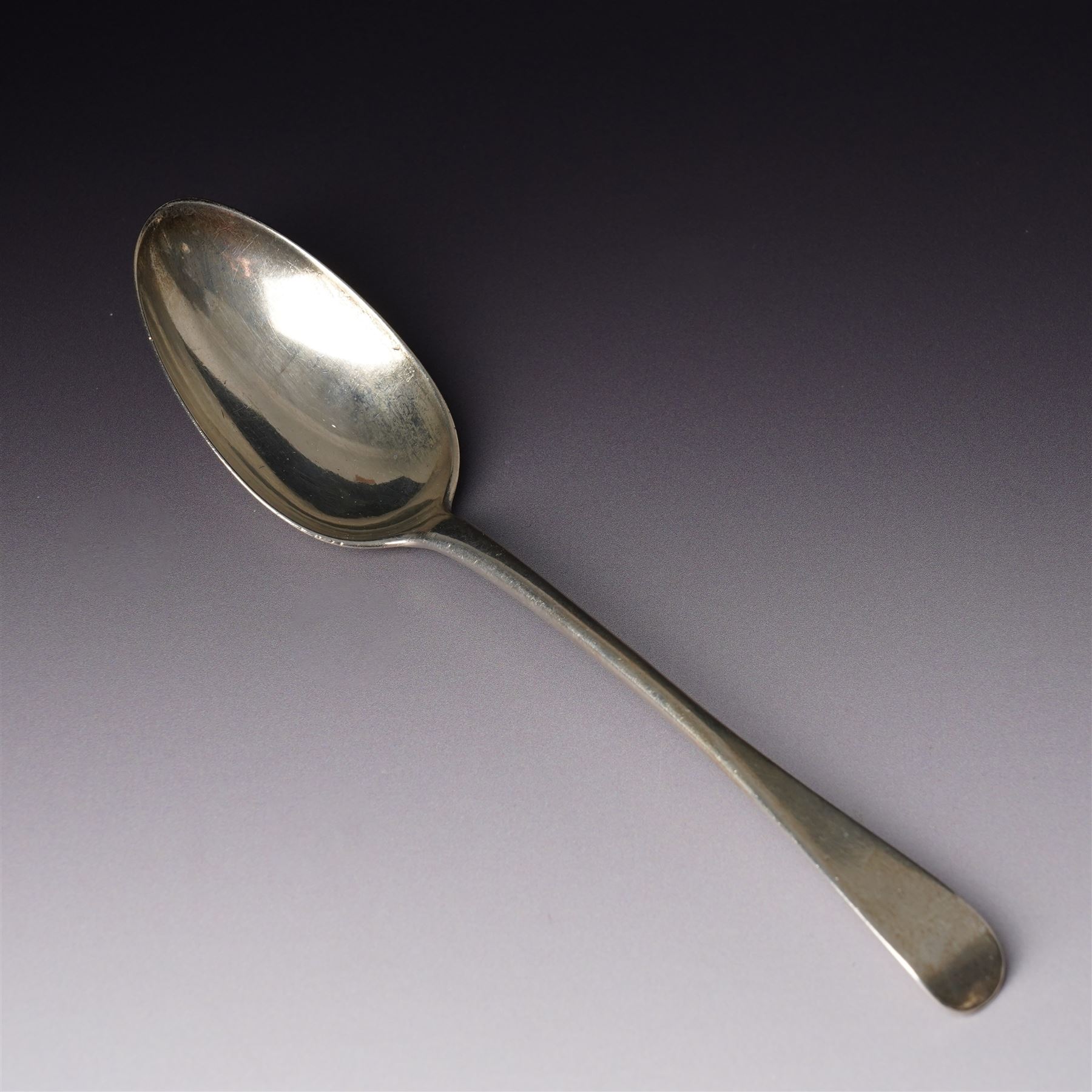 Late 18th century Scottish silver spoon L21.5cm struck twice with the makers mark of Robert Gray and the Glasgow tree