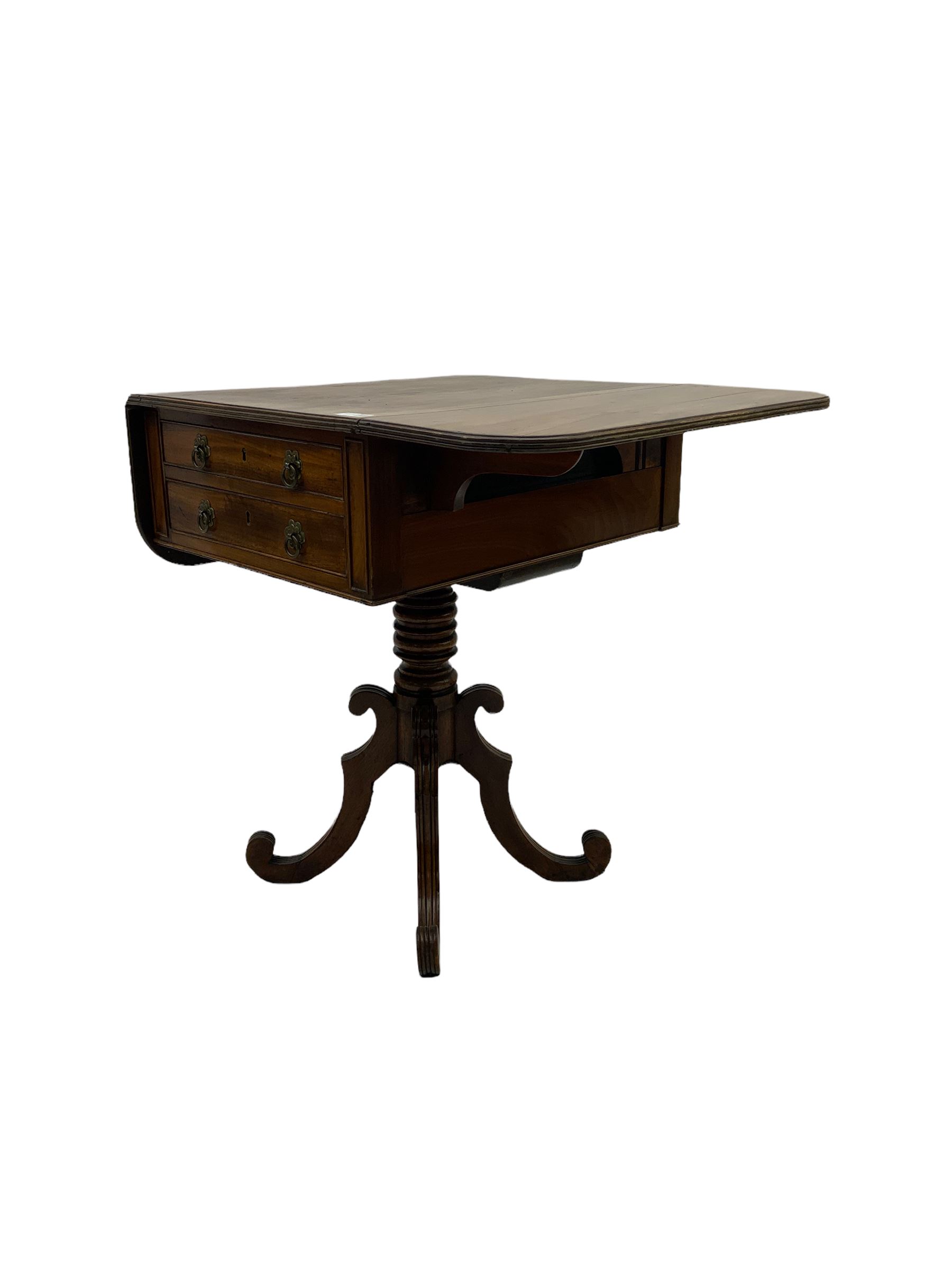 Georgian mahogany pedestal table, drop leaf top, two drawers, quatrefoil base