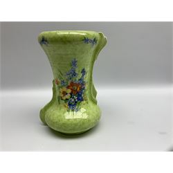 Victorian Wedgwood blue jasperware jardiniere H16.5cm; Victorian copper lustre jug; James Kent art deco style green glazed jug; and Beswick figure of a singing cat (4)