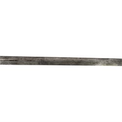 British Georgian Officers Sword, with 83cm double edged fullered blade engraved with with motifs and Osborn along with Warranted, with brass heart shaped guard and faux wire bound grip, with scabbard with twin suspension rings, overall length 100cm