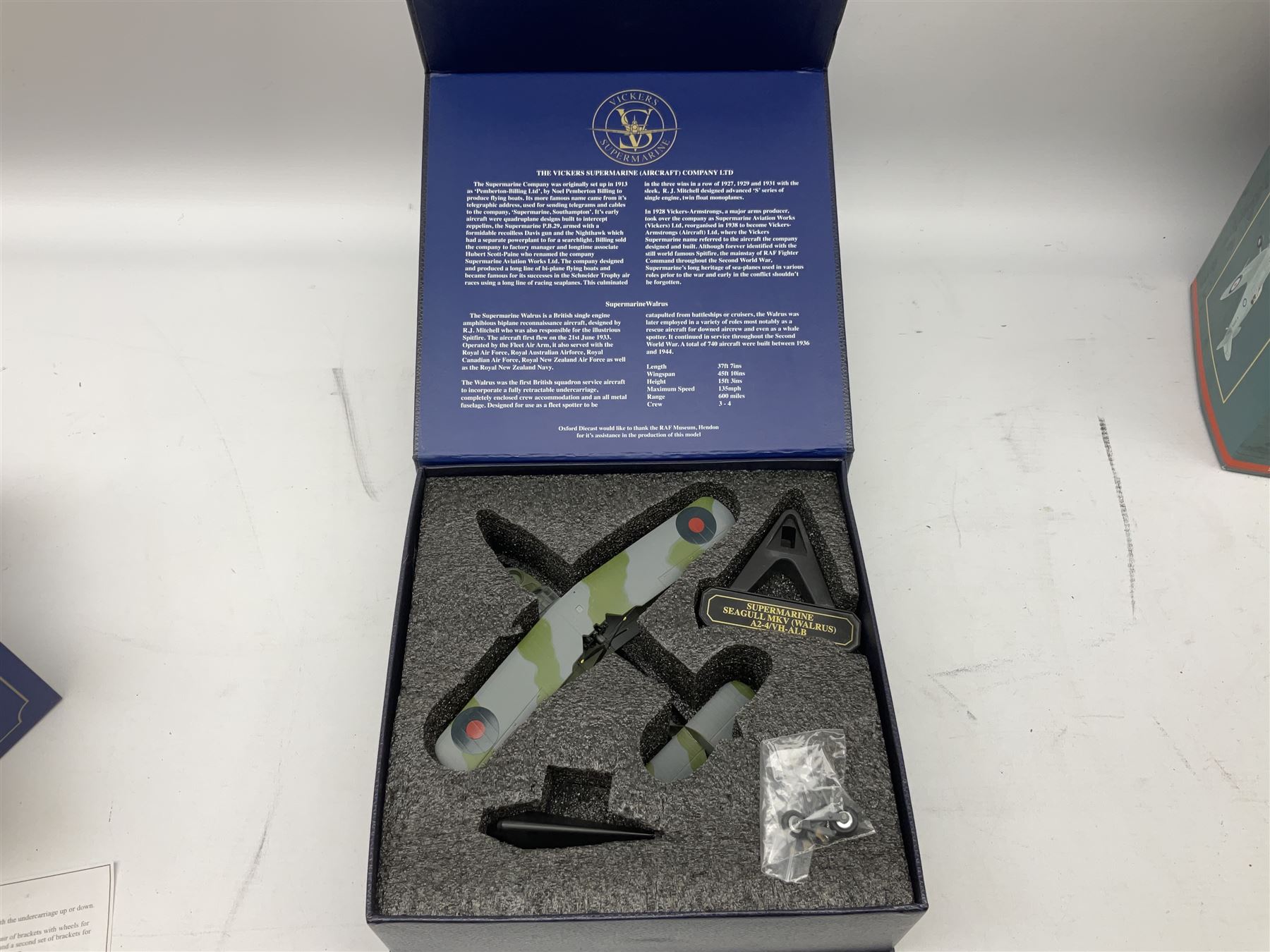 Corgi Aviation Archive - '70 Years of the Spitfire', AA33908 1:32 scale model of the Supermarine Type 300 prototype Spitfire, boxed; together with Oxford Diecast - 72SW001 1:72 scale model of a Supermarine Seagull MKV (Walrus), boxed (2)