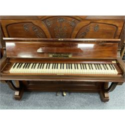 Early 20th century mahogany cast iron overstrung upright piano by Wilhelm Menzel Berlin