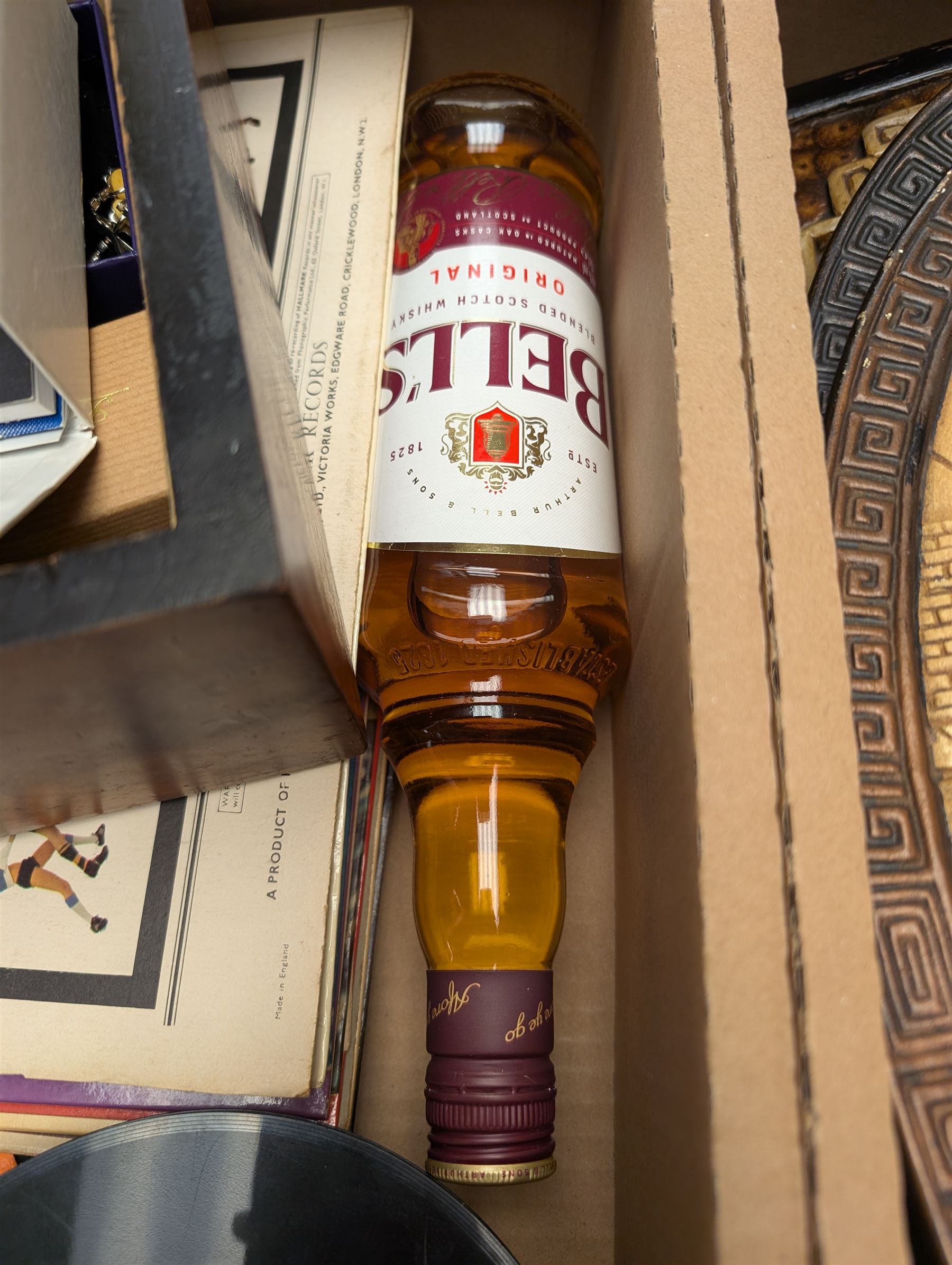 Giorgio Armani wristwatch, Whyte & Mackay blended scotch whisky, Bell's Blended scotch whisky, Chinese carved panels and a collection of vinyl records