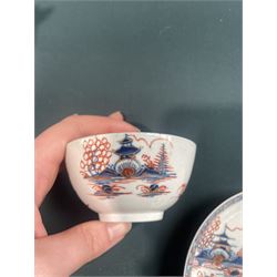 18th century Caughley tea cup and saucer of fluted design decorated in blue and gilt, blue 'S' mark, Bloor Derby coffee can and saucer in red, blue and gilt; 18th century Worcester tea bowls decorated in the Pleasure Boat or Fishermans pattern, and a Liverpool tea bowl decorated in the Penningtons Cannonball pattern