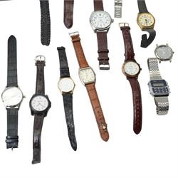 Collection of wristwatches including Casio and MG and an early 20th century gilt brass bedside timepiece, cased