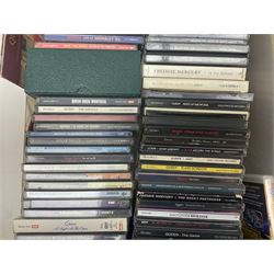 Large collection of VHS tapes, DVDS, CDs to include Queen, James Bond 007, Batman etc, in three boxes