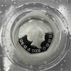 Four The Royal Mint United Kingdom 'The Snowman' silver proof fifty pence coins, comprising 2018, 2018 in PCGS holder, 2019 and 2022 'The Snowman and The Snowdog', all cased with certificates 