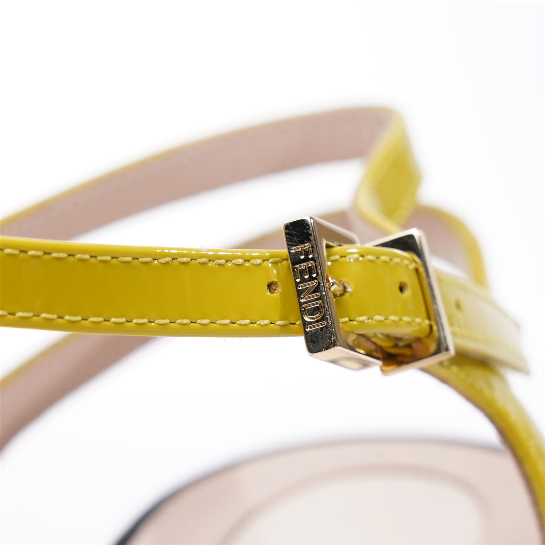 Fendi - pair of heeled sandals, in multicoloured pink, lime green red and brown patent leather, with black soles and block heels, slingback strap with gold-tone buckle fastening, size 37, unused with original dust bags