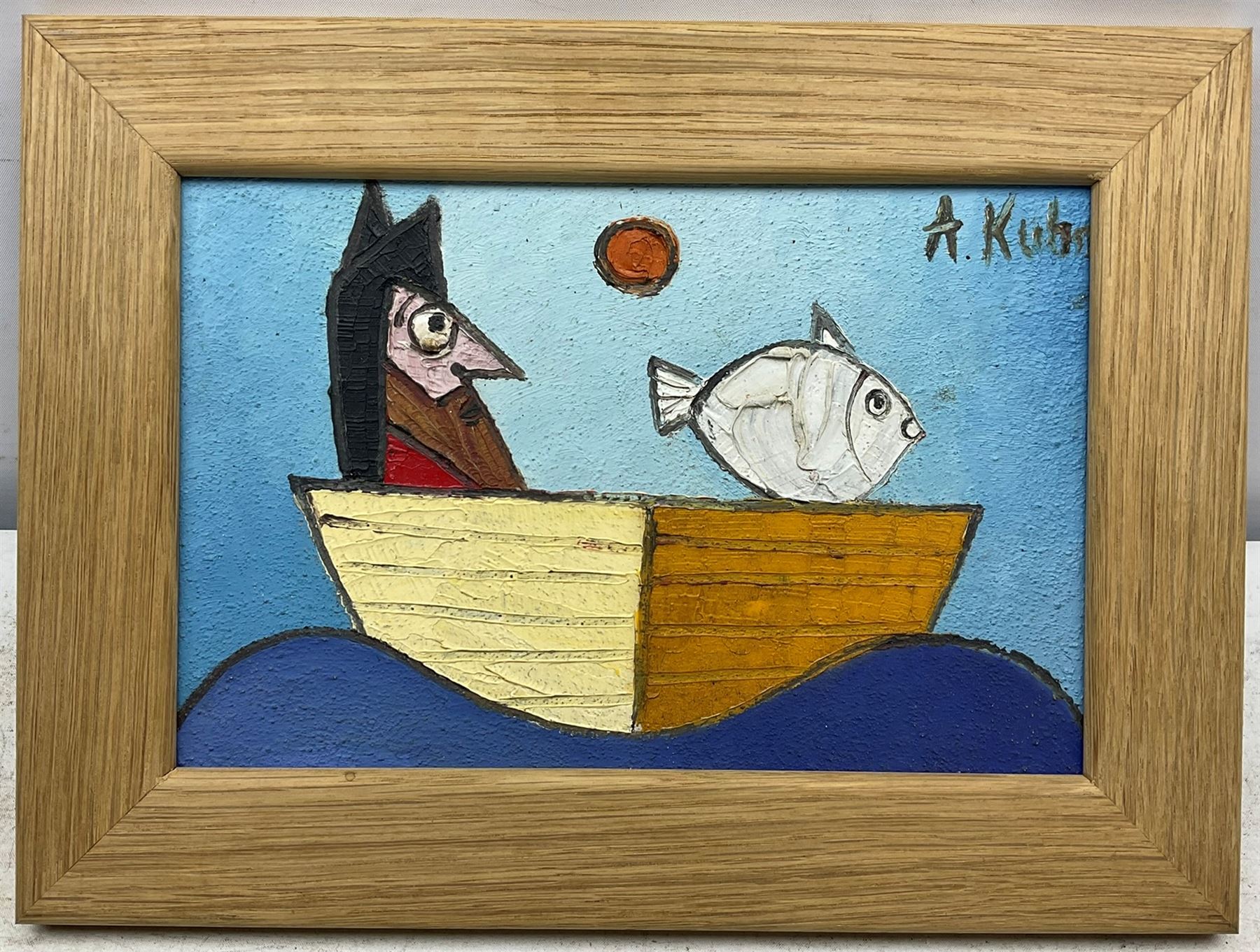 Andrzej Kuhn (Polish 1929-2014): Man in a Boat with a Fish, impasto oil on board signed 14cm x 22cm