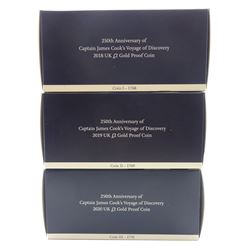 Captain Cook gold proof three coin series, comprising 2018, 2019 and 2020 dated gold proof two pound coins, all three housed together in a Royal Mint presentation box, the individual boxes and certificates are also present