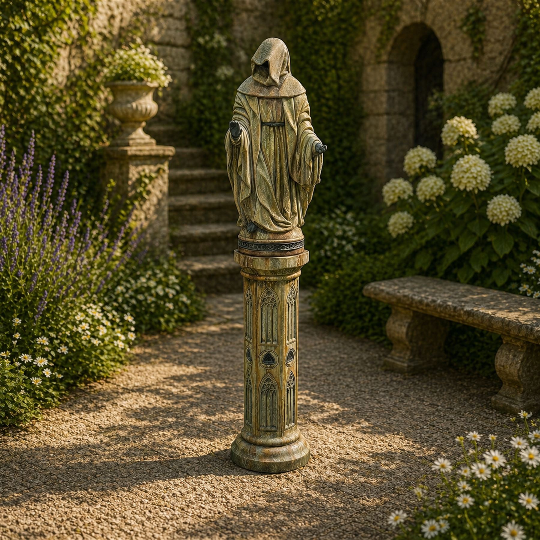 Farran stone garden statue depicting a hooded monk standing in flowing robes in circular form, set upon Gothic pedestal with arched panels, featuring lead hands and script band