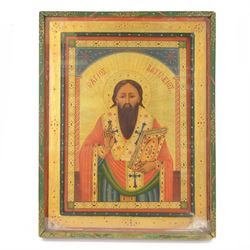 20th century Greek Orthodox icon in a hand painted frame, H60cm, W46cm