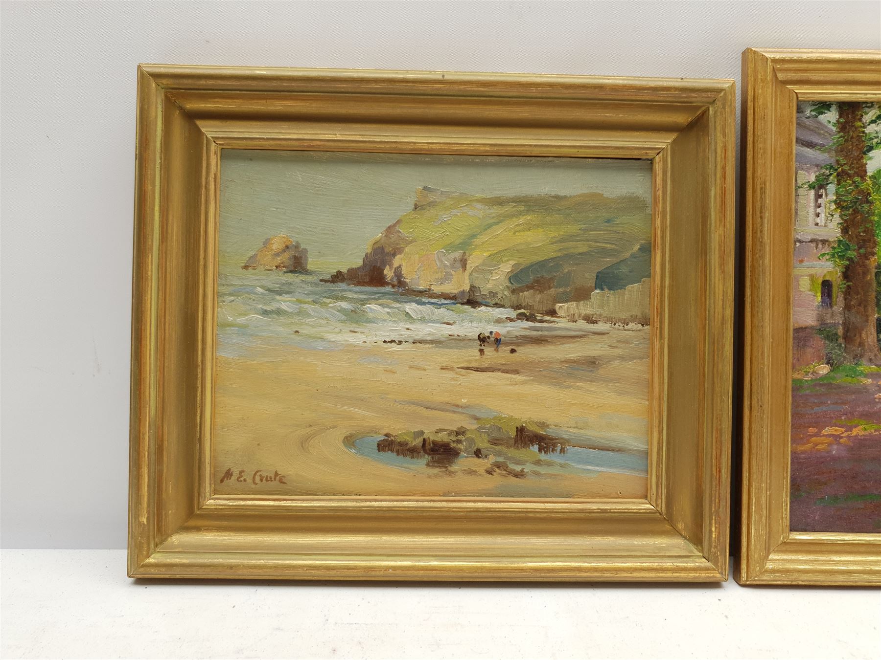 Harry Edmunds Crute (British 1888-1975): Cornish Beach Scene, oil on board signed 15cm x 19cm, together with two similar oils one signed Smith, inscribed verso 14cm x 19cm (3)