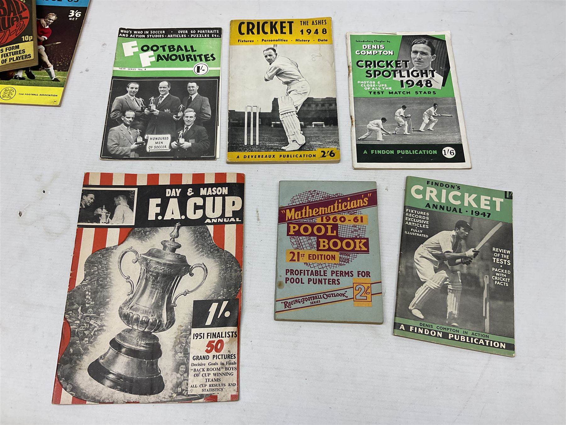Football - Sherman's Searchlight on Famous Teams trade cards 1938-39 (28) and Searchlight on Famous Players (15); and nine booklets including F.A. Cup Annual 1951;two early 1960s F.A. Yearbooks etc; together with seven photographs of cricket teams, first half of 20th century; and four 1940s and later cricket booklets; and a signed postcard of boxer Len Harvey