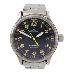 Omega Dynamic gentleman's stainless steel automatic wristwatch, Ref. 166.0310, Cal 1108, black dial with luminous numerals, yellow centre seconds and date aperture, on stainless steel strap