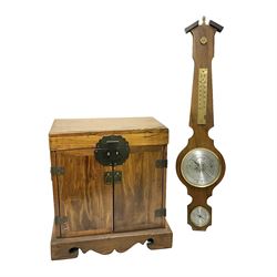 Wooden table top cabinet, with metal latch and twin handles, together with a barometer