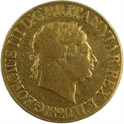 George III 1820 gold full sovereign coin, glue residue to reverse