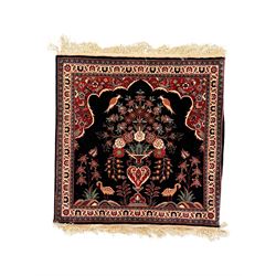 Persian-style wool rug, cream field with floral and geometric motifs, wide floral border (74cm x 142cm); Persian wool rug, beige field with dense floral patterns, narrow floral border (70cm x 144cm); Tribal wool rug, red and navy with diamond motifs (96cm x 60cm); Persian pictorial wool rug, black field with vase, birds, and floral border (70cm x 73cm)