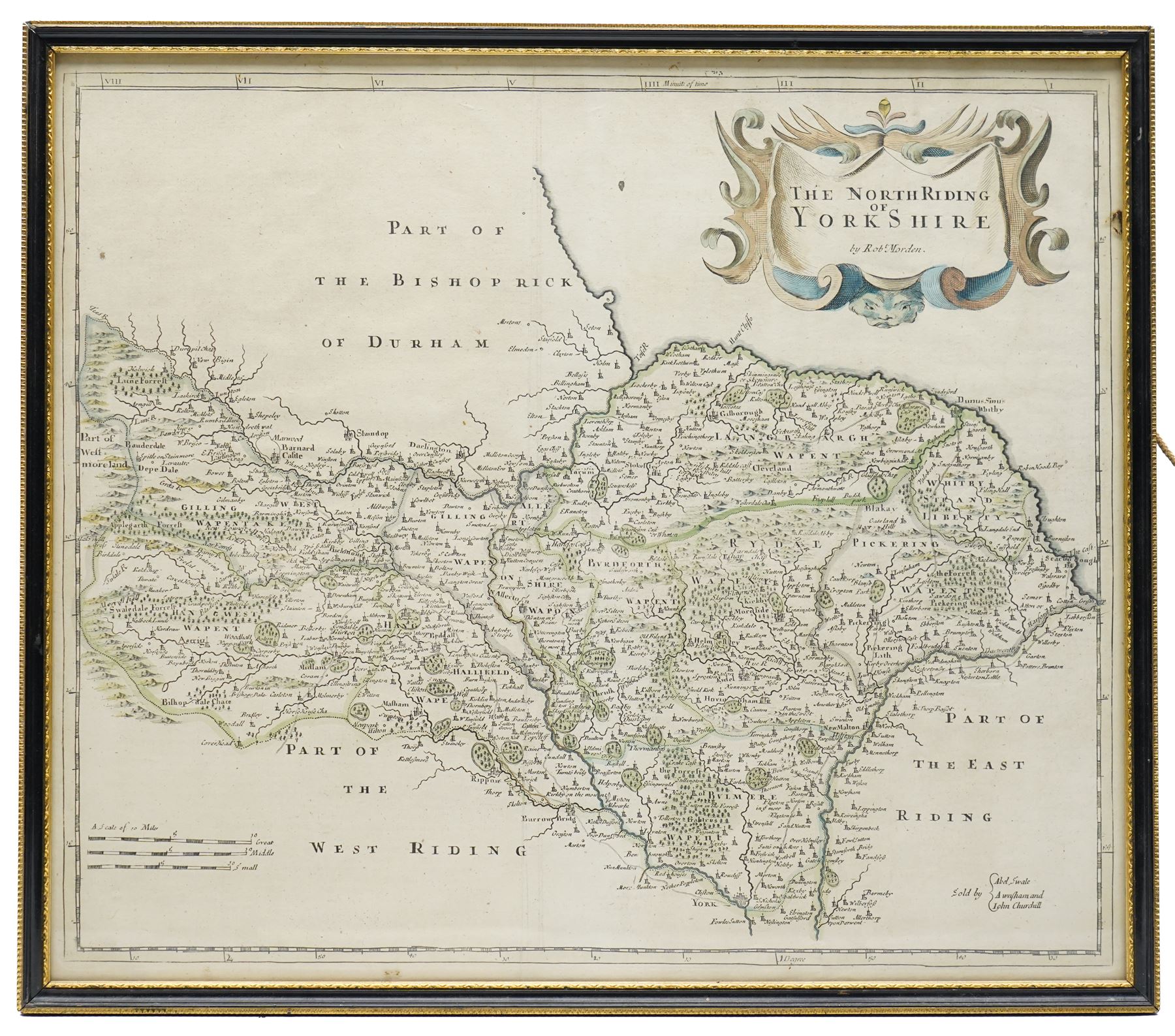 Robert Morden (British c.1650-1703): 'The North Riding of Yorkshire', 17th/18th century engraved map with hand-colouring 37cm x 43cm