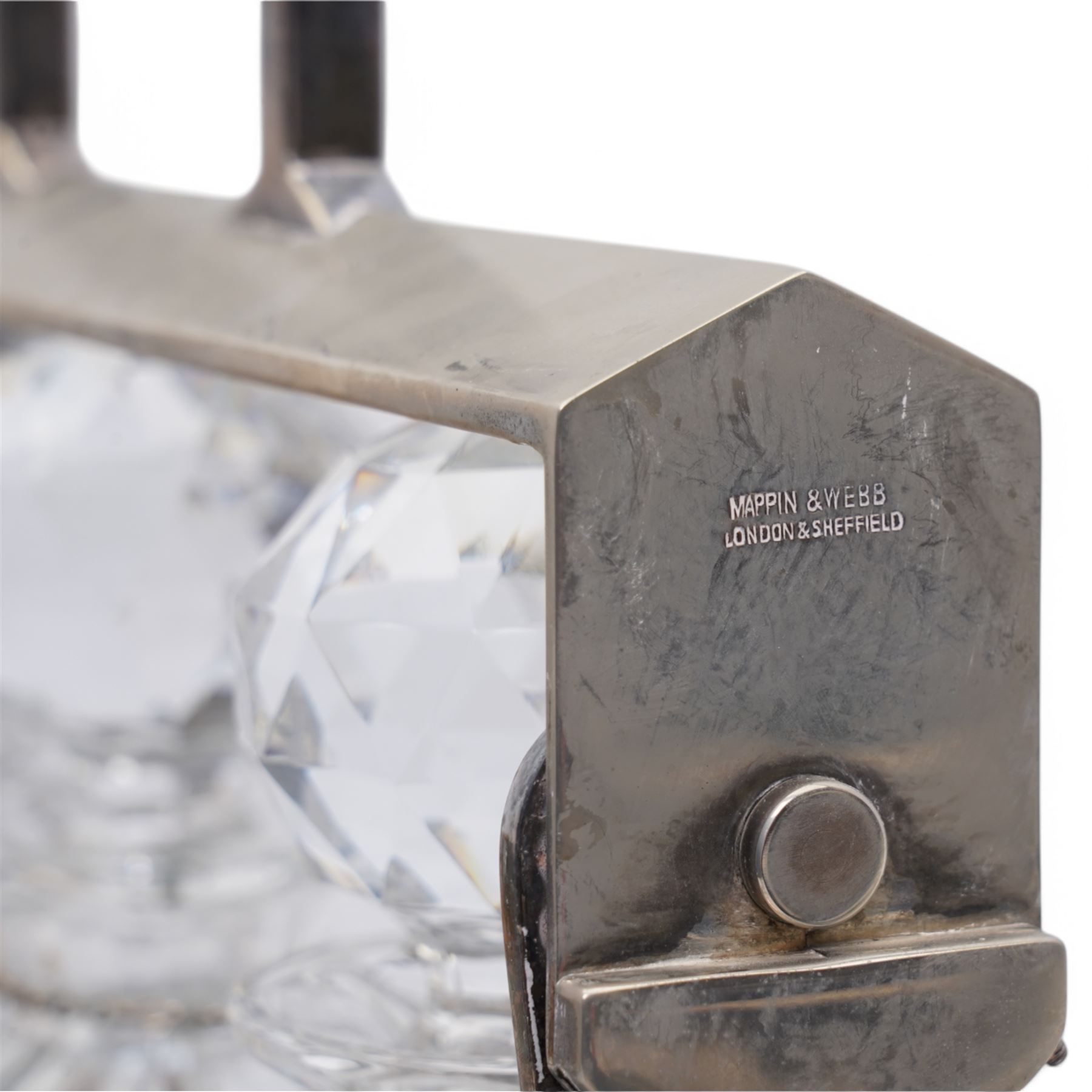 Mappin & Webb silver plated tantalus, with three square glass decanters each with silver plate collars, complete with key, H29cm