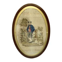 Early 19th Century oval petit point needlework depicting a young man by a tree with a dog in a mahogany fame, H37cm 