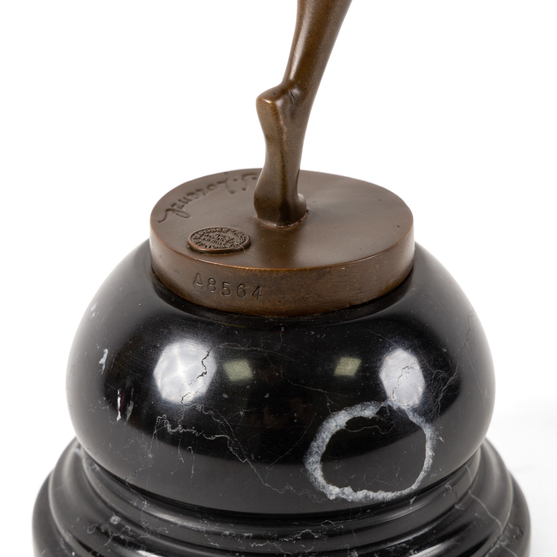 After Josef Lorenzl,- Art Deco style bronze bat girl, upon a stepped circular marble base, H47cm