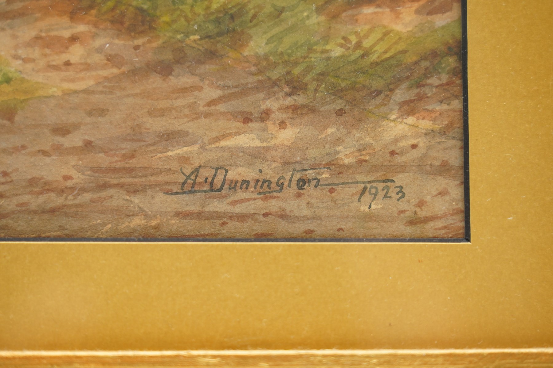 Albert Dunnington (British 1860-1928): Countryside Views and Angler by a Bridge, four watercolours signed and three dated 1915-23, three in matching frames max 25cm x 35cm (4)