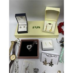 Pair of gold stud earrings, gold brooch, stamped or tested 9ct, silver and stone set silver jewellery, stamped 925, 2004 Olympics Swatch wristwatch, Avia wristwatch on leather strap and a collection of costume jewellery with wooden jewellery box
