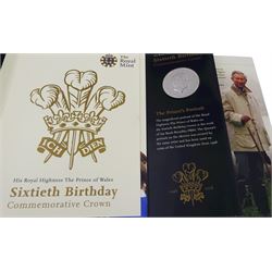 Eleven Queen Elizabeth II United Kingdom five pound coins, including 1990 '90th Birthday of the Queen Mother', 1999 'Millennium', 2008 'Sixtieth Birthday', etc. all in card folders or on cards