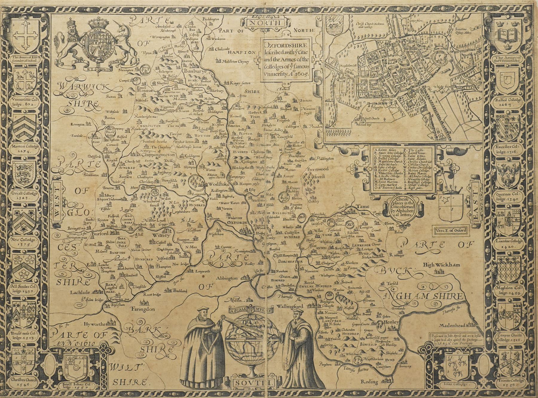 John Speed (British 1552-1629): 'Oxfordshire described with ye Citie and the Armes of the Colledges of ye famous University', 17th century first edition engraved map uncoloured with inset town plan of Oxford and margins decorated with eighteen heraldic shields pub. John Sudbury and George Humble c.1611, with margins, 41cm x 54cm