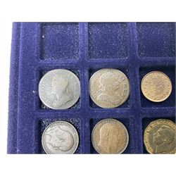 Commemorative, fantasy and other coinage, including George II 1754 farthing, George III 1773 farthing, cartwheel penny and cartwheel two pence, Queen Victoria Canada 1886 twenty five cents, various commemorative crowns etc, housed in three blue coin trays