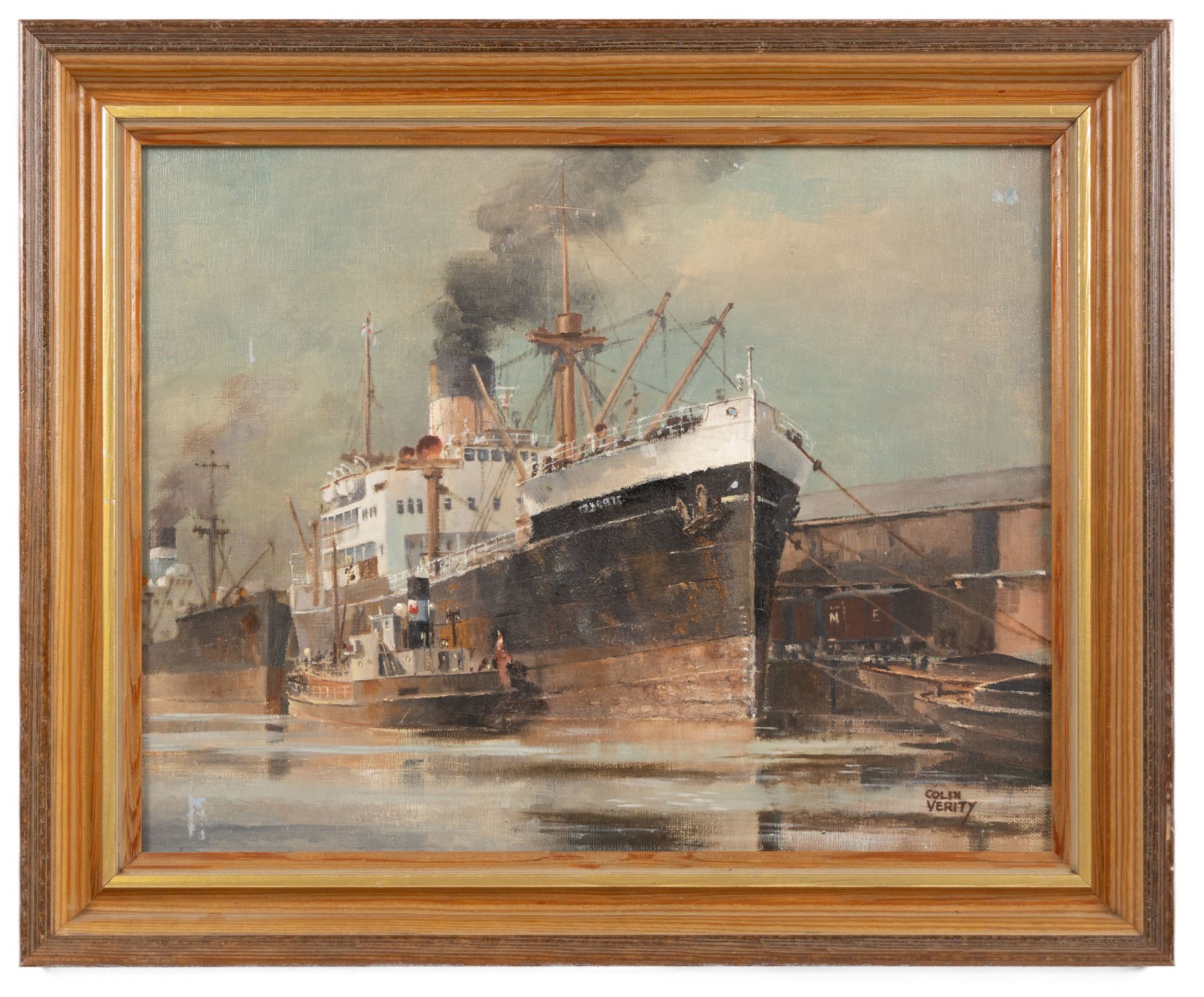 Colin Verity (British 1924-2011): 'Merchantmen at the Quayside', oil on board signed 24cm x 31cm