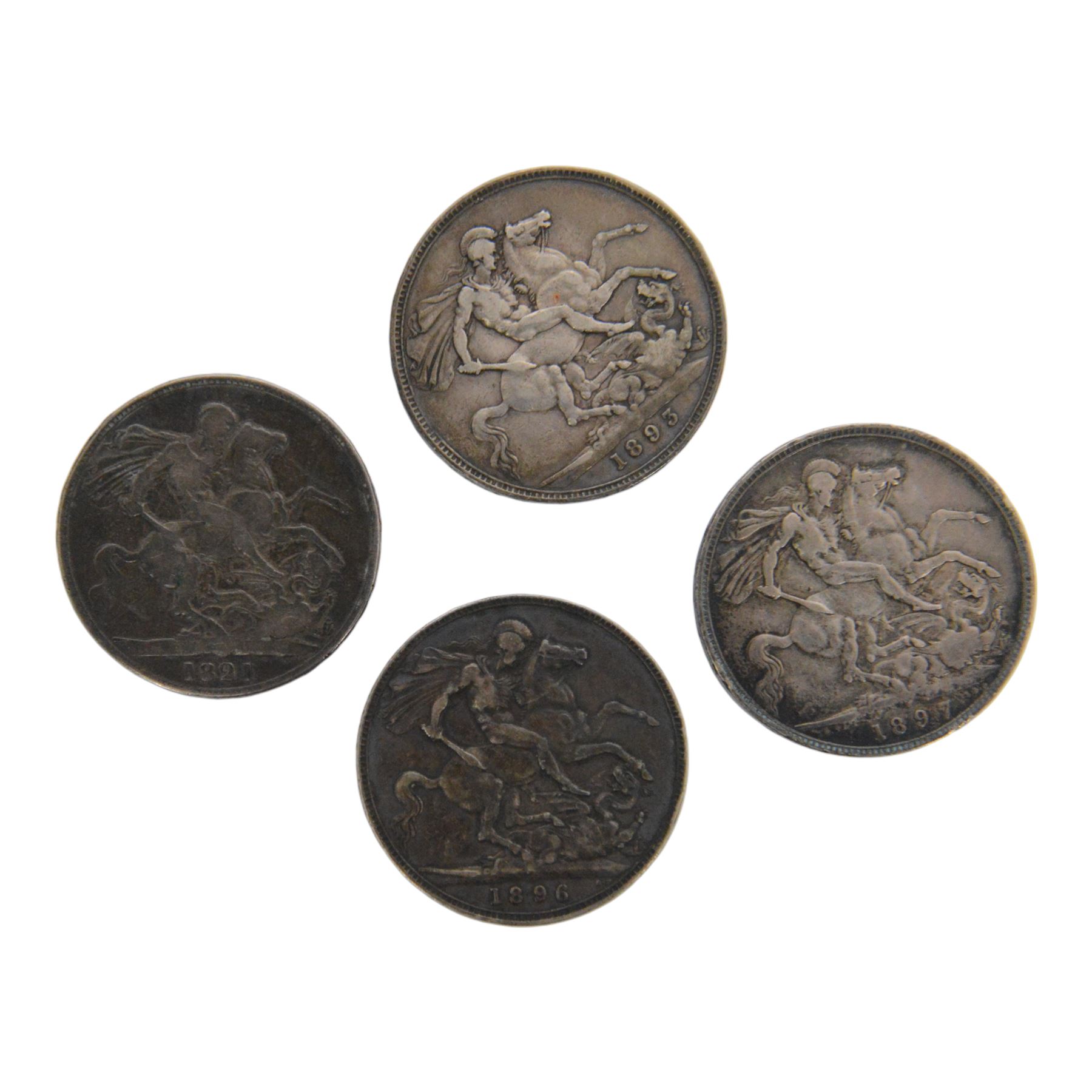 George IIII 1821 silver one crown coin and three Queen Victoria silver one crown coins, 1893, 1896, and 1897 (4)