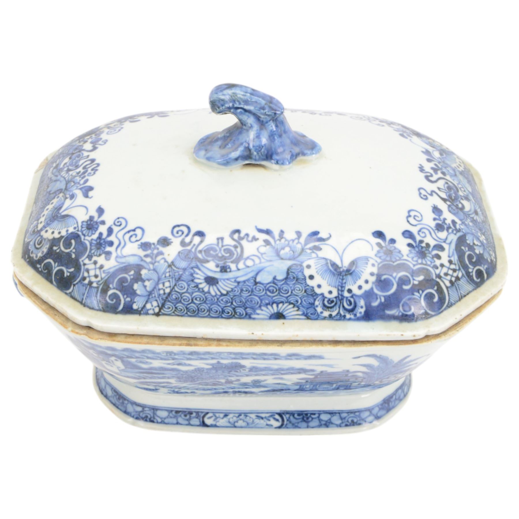 Late 18th/early 19th century Chinese export blue and white porcelain tureen and cover, of oblong form with short foot and twin animal mask handles, decorated to the sides and cover with a riverside landscape set with pagodas, boats, fence and figures, the cover with curved knop handle decorated with Fitzhugh type border, H22m including handles W35cm, together with a late 18th/early 19th century Chinese export blue and white porcelain bowl, of square form, the interior decorated with a peony spray and thick cell border to the rim, the sides with precious objects beneath a spear head border, H12.5cm W24cm