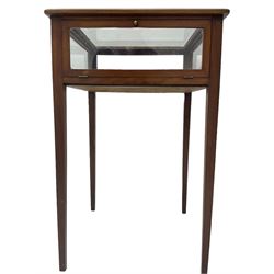 Edwardian inlaid mahogany bijouterie cabinet, glass inset top in moulded frame with satinwood band, fall front glazed door, on square tapering supports 