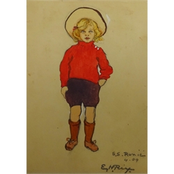Emily Hilda Rix (Nicholas) (Australian 1884-1961): Girl in a Red Jumper, watercolour signed and dated 'S.S. Runic 4.09. (07)', 22cm x 15cm (album)



Provenance: the sketch is included within a comprehensive and interesting album of sketches, poems, verses and autographs compiled by Theodora (Brodie) Harris-Rivett between 1898 and 1913, who was the granddaughter of Mr Justice Fisher KC and married Rev. AJE Harris-Rivett of Glenrowan, Melbourne, Australia in 1903. It is recorded that Hilda Rix, who studied under leading Australian Impressionist, Frederick McCubbin, at the National Gallery of Victoria Art School from 1902 to 1905 and was an early member of the Melbourne Society of Women Painters and Sculptors, later a friend of Henri Matisse, travelled to Europe on the SS Runic in 1907. Interestingly there is also included a four page poem 'The Absent Minded Beggar' by Rudyard Kipling, who at that time lived in Cape Town where the SS Runic docked on it's voyage to London