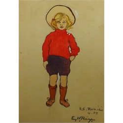 Emily Hilda Rix (Nicholas) (Australian 1884-1961): Girl in a Red Jumper, watercolour signed and dated 'S.S. Runic 4.09. (07)', 22cm x 15cm (album)



Provenance: the sketch is included within a comprehensive and interesting album of sketches, poems, verses and autographs compiled by Theodora (Brodie) Harris-Rivett between 1898 and 1913, who was the granddaughter of Mr Justice Fisher KC and married Rev. AJE Harris-Rivett of Glenrowan, Melbourne, Australia in 1903. It is recorded that Hilda Rix, who studied under leading Australian Impressionist, Frederick McCubbin, at the National Gallery of Victoria Art School from 1902 to 1905 and was an early member of the Melbourne Society of Women Painters and Sculptors, later a friend of Henri Matisse, travelled to Europe on the SS Runic in 1907. Interestingly there is also included a four page poem 'The Absent Minded Beggar' by Rudyard Kipling, who at that time lived in Cape Town where the SS Runic docked on it's voyage to London