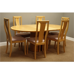  Skovby light oak oval extending dining table with sprung folding leaf (102cm, 135cm - 185cm, H73cm), and set six light oak curved high back dining chairs with upholstered seats  