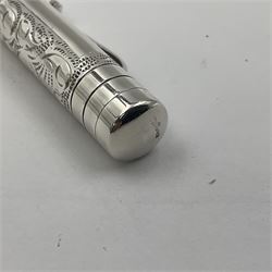 Silver Yard-o-Led Viceroy fountain pen, the foliate engraved barrel and cap hallmarked Birmingham 2003 and stamped 925, and white gold nib stamped 18K, L11cm
